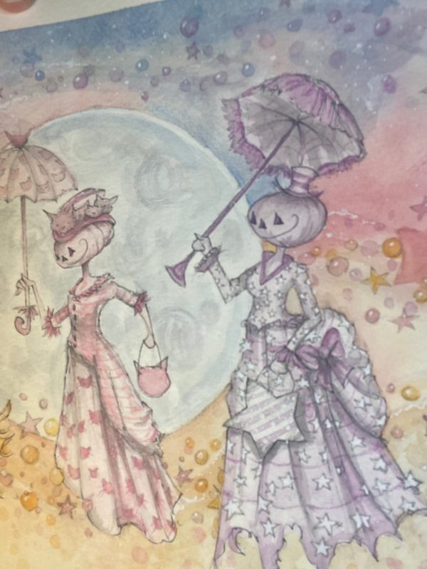 Product Image for  ORIGINAL Umbrella Pumpkin Flyers Watercolor Painting Spooky Witchy Art, Vintage Style, Pastel Art