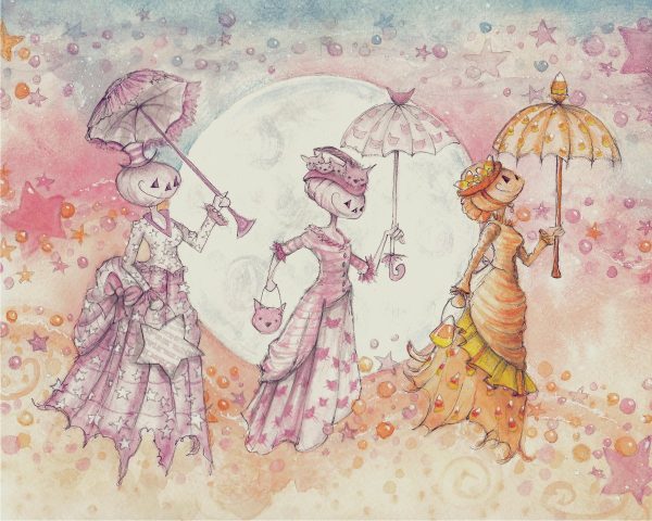 Product Image for  ORIGINAL Umbrella Pumpkin Flyers Watercolor Painting Spooky Witchy Art, Vintage Style, Pastel Art