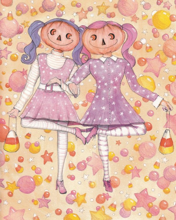 Product Image for  ORIGINAL Pumpkin Girls Watercolor Painting Vintage Spooky Halloween