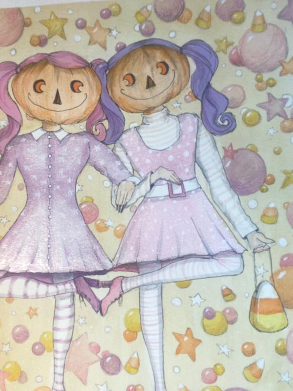 Product Image for  ORIGINAL Pumpkin Girls Watercolor Painting Vintage Spooky Halloween